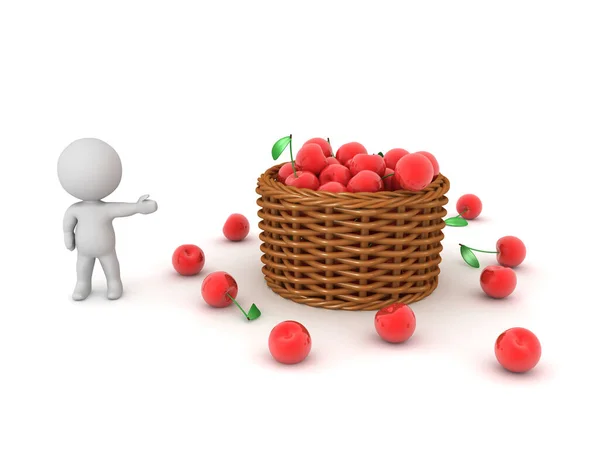 3D字符显示一篮子樱桃 在白色上隔离3D渲染 — 图库照片