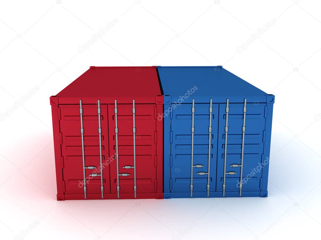 3D Rendering of red and blue cargo containers. 3D Rendering isolated on white. 