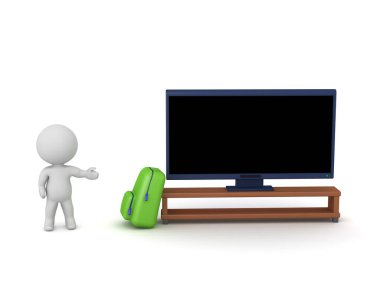 Televizyonu ve okul çantası olan üç boyutlu bir karakter. Beyaz arkaplanda izole.