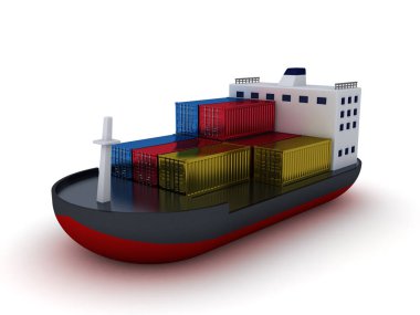 Konteynırlı 3 boyutlu kargo gemisi. 3B görüntüleme beyaz üzerine izole edildi. 