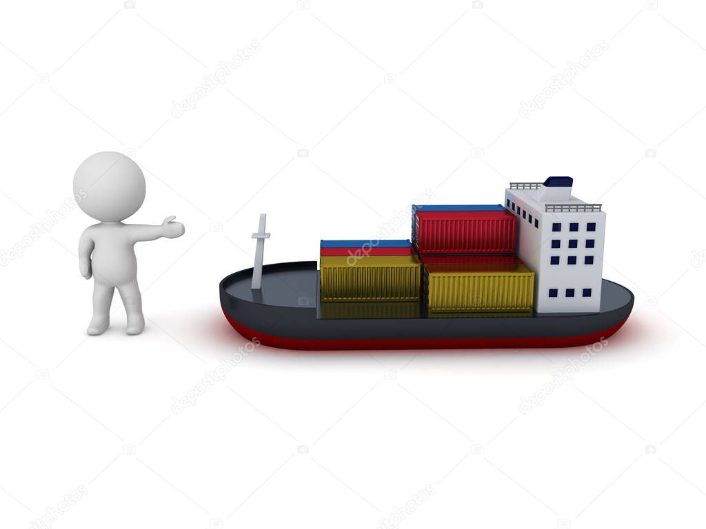 3D Character showing a cargo boat with containers. 3D Rendering isolated on white. 