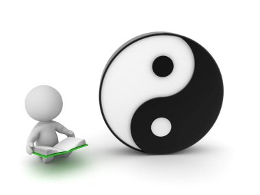 Yin yang sembolünün yanındaki 3 boyutlu karakter. 3B görüntüleme beyaz üzerine izole edildi