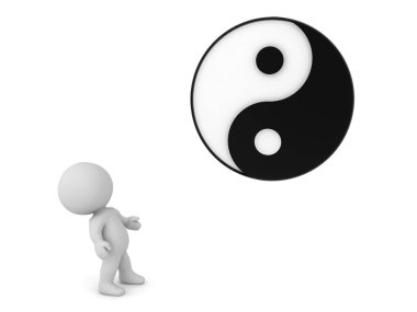 3 boyutlu karakter yin yang sembolüne bakıyor. 3B görüntüleme beyaz üzerine izole edildi