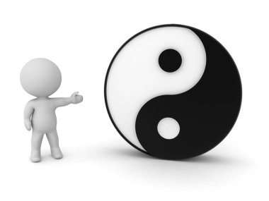 3 boyutlu karakter yin yang sembolü gösteriyor. 3B görüntüleme beyaz üzerine izole edildi