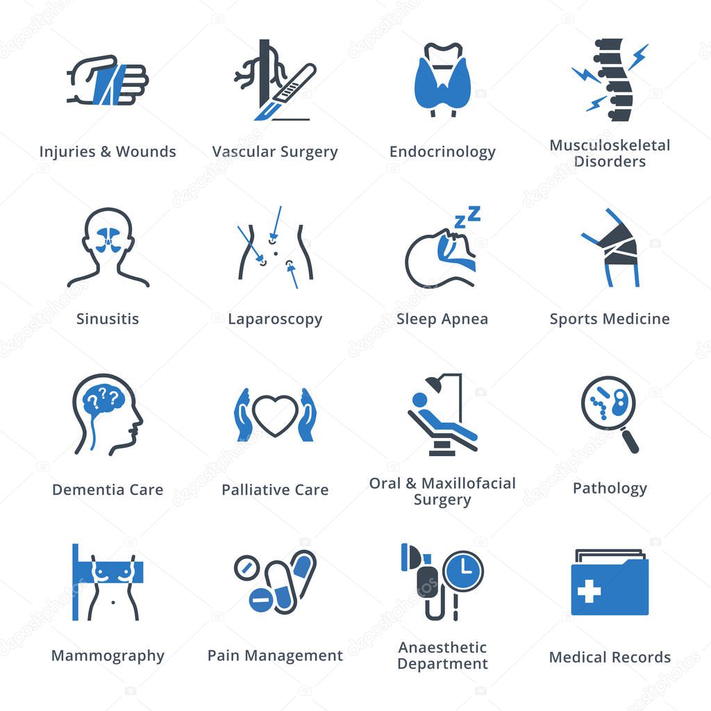 This set contains medical services and specialties icons that can be used for designing and developing websites, as well as printed materials and presentations.