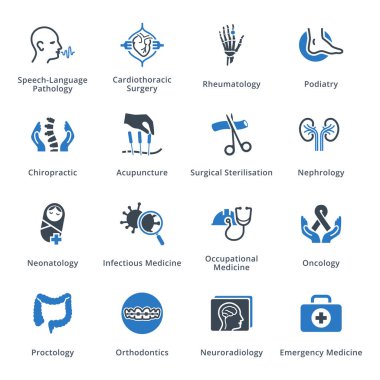 This set contains medical services and specialties icons that can be used for designing and developing websites, as well as printed materials and presentations. clipart