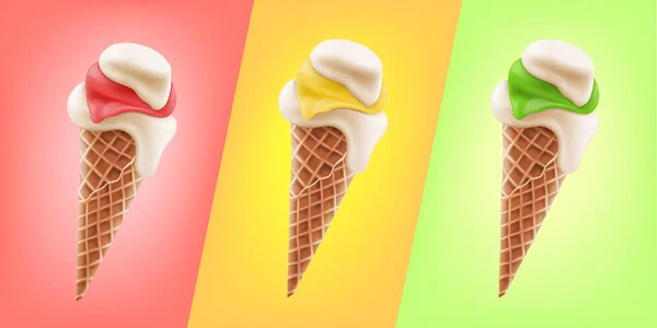 Set Tre Coni Gelato Wafer Con Gusto Diverso Sfondo Colorato — Vettoriale Stock