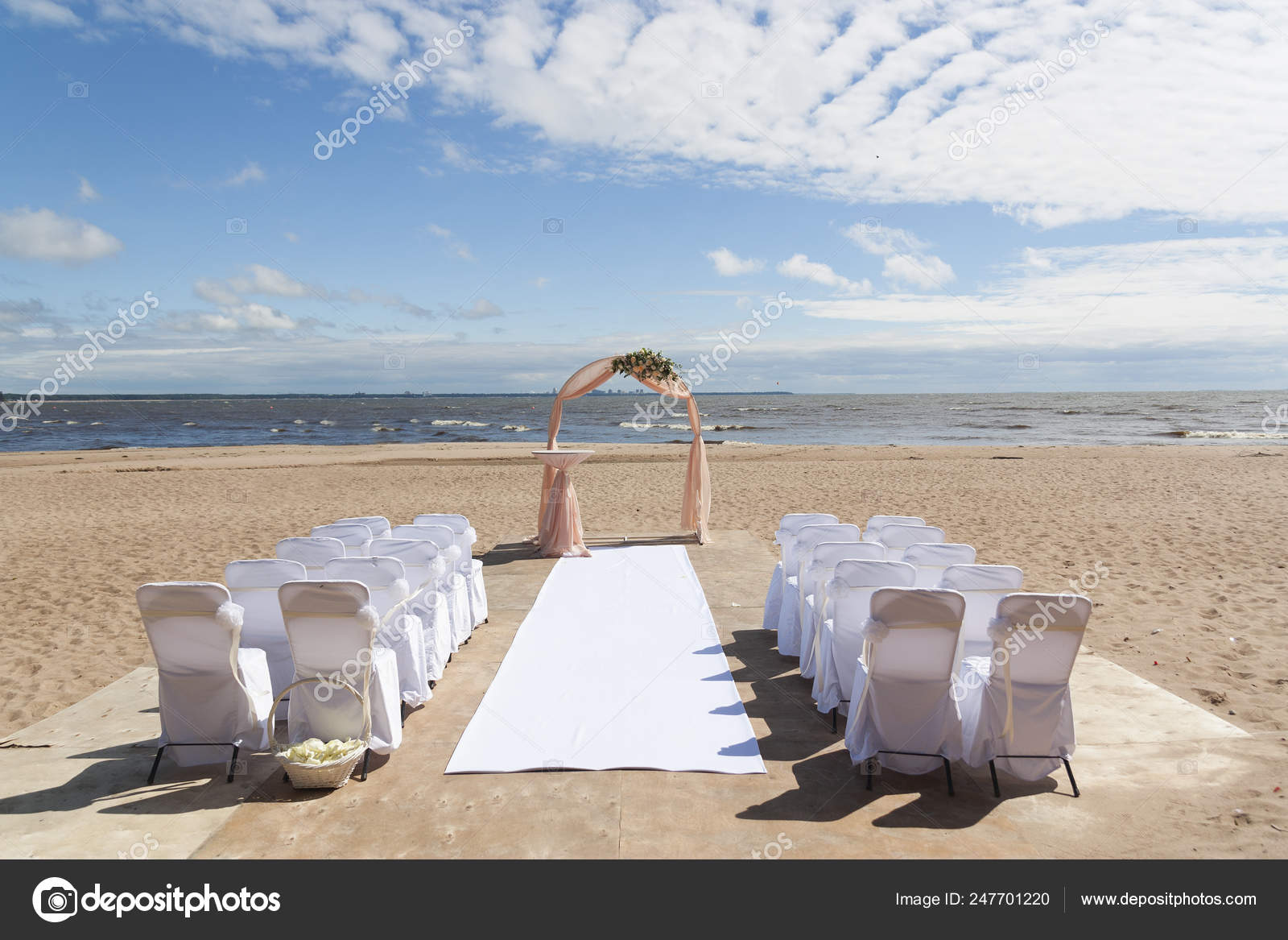 Arch Decorated White Fabric Flowers Wedding Ceremony Bay Close