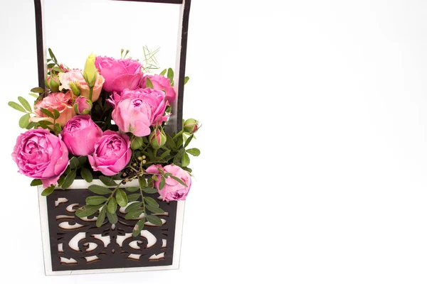 Bouquet Fleurs Dans Une Boîte Cadeau Booker Roses Pour Fête — Photo
