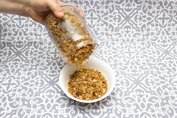 Muesli Havermout Voor Het Ontbijt Muesli Met Melk Gemorst Muesli — Stockfoto