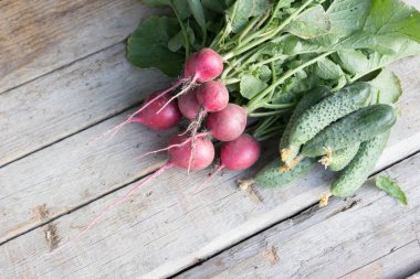 Ahşap arka planda salatalık ve turp, bahçe çirkin çiftçi kavramı.