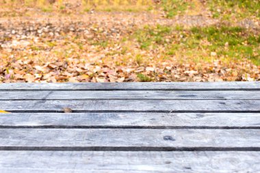 Boş ahşap masa ve bulanık bahçe arka planı. Sonbahar konsepti