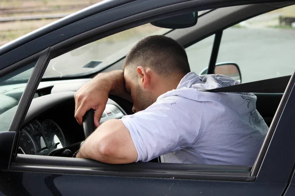 Young Man Fall Asleep Car — Stock Photo, Image