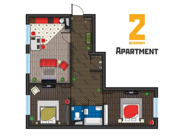 Amplio apartamento de dos dormitorios proyecto vista superior — Vector de stock