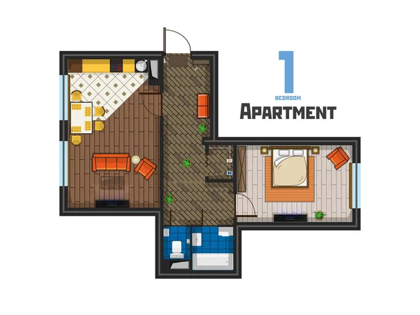 Amplio apartamento de un dormitorio proyecto vista superior — Vector de stock