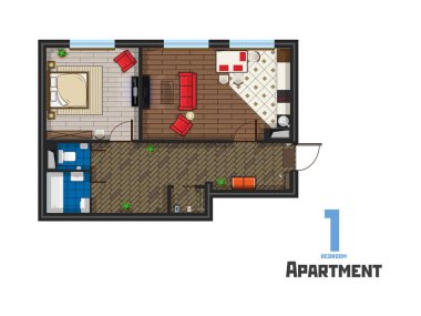Mobilya ile proje tek yatak odalı daire