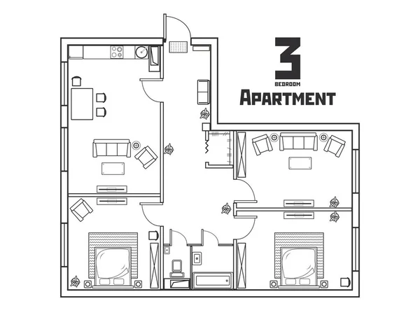 Amplio apartamento en blanco y negro con tres dormitorios — Vector de stock