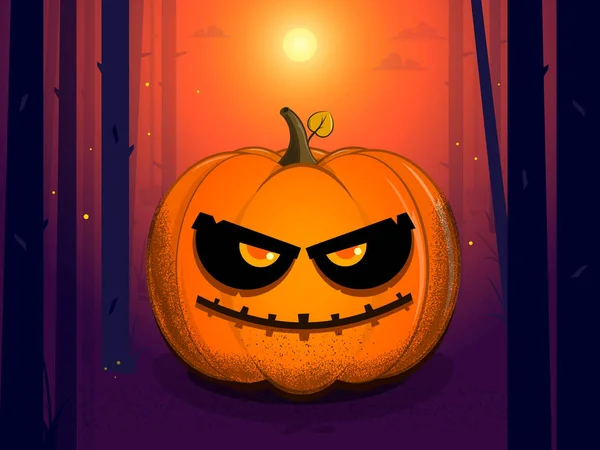 Sly evil pumpkin at sunset on Halloween — Stock Vector