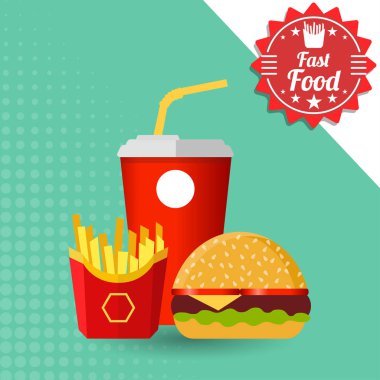 Fast food. Bir bardak soda patates kızartması ve hamburger üzerinde mavi arka plan ile. Vektör, illüstrasyon, eps 10.