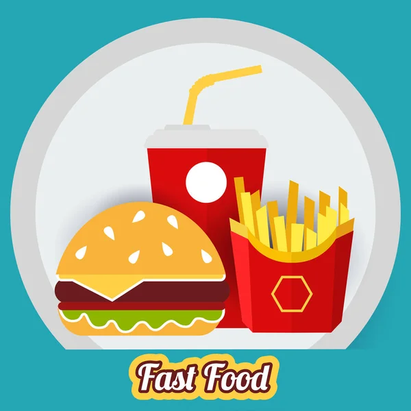 Fast Food Üveg Kólát Sült Krumplival Hamburger Kék Háttér Vektor — Stock Vector
