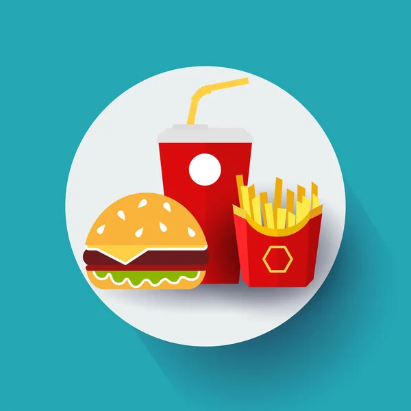 Rychlé Občerstvení Sklo Sody Hranolky Hamburger Modrém Pozadí Vektor Ilustrace — Stockový vektor