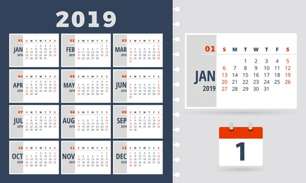 Kalender 2019 Vektordesign Alle Elemente Befinden Sich Auf Verschiedenen Ebenen — Stockvektor
