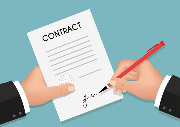 Hands holding sheet of paper with text and pen. All elements are on separate layers. Vector, illustration eps10.