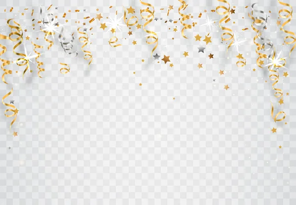 Golden Tiny Confetti Dan Streamer Ribbon Jatuh Latar Belakang Transparan - Stok Vektor