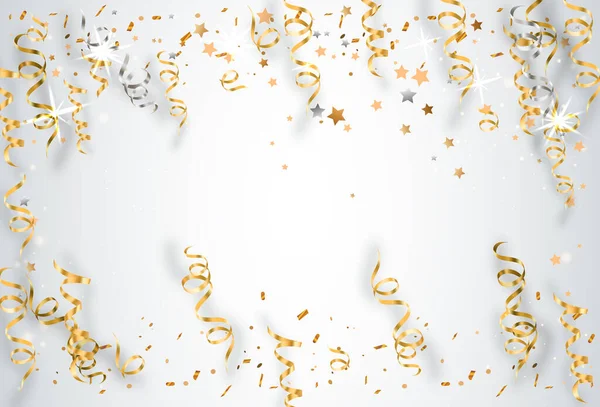 Golden Tiny Confetti Streamer Ribbon Falling Silver Background Vector Illustration — Stock Vector