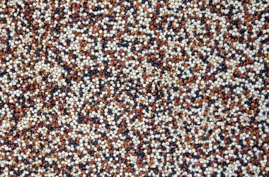 Arka plan quinoa tohum karışımı. Beyaz, kırmızı ve siyah quinoa görünümünün üzerinde düz