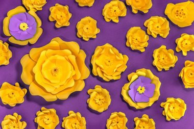 Mor ve sarı el yapımı kağıt çiçekler arka plan