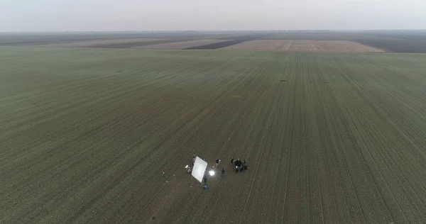 Film Crew Setting Scene Crop Field Winter Drone Shot Royalty Free Stock Images