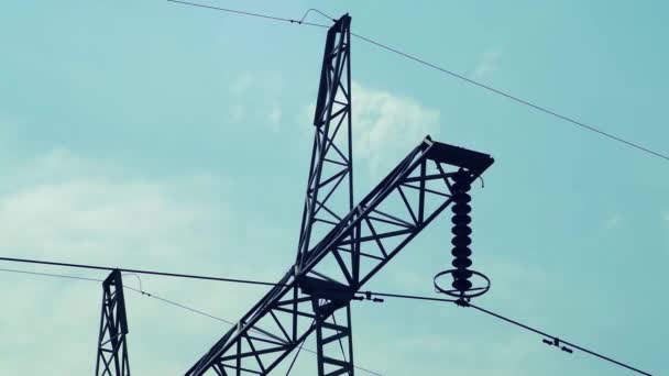 Power Pole Transmission Line Time Lapse Electricity Close Sunny Day — Stock Video