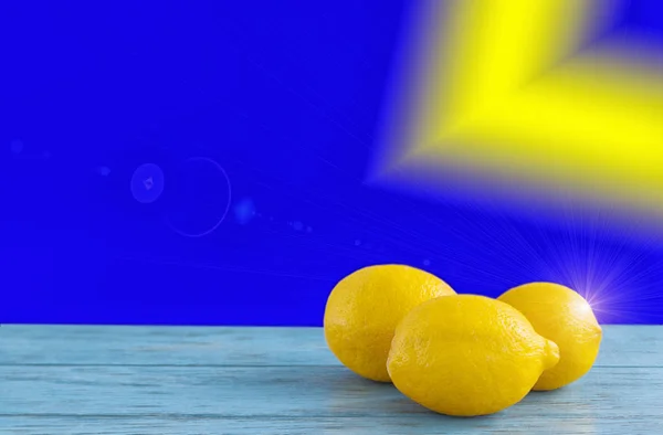 Three Lemons Surface Blue Background Beautiful Bright Shine — Stock Photo, Image