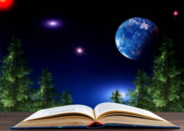 bir kitap bir manzara ile iğne yapraklı ağaçlar ve gece gökyüzünde yıldızlar ve bir gezegen ile karşı