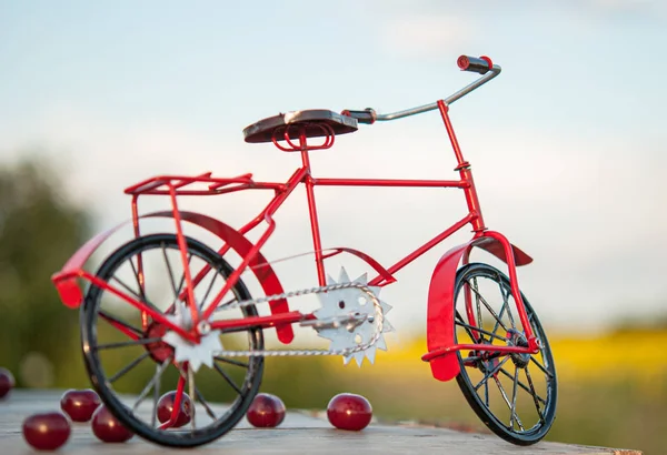 Велосипед на деревянной поверхности на фоне природы и ягод — стоковое фото
