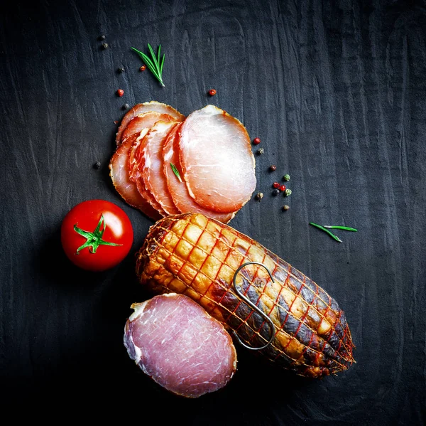 Conjunto Diferentes Tipos Carne Crua Fumada Jamon Lomo Oppa Filé — Fotografia de Stock