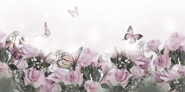 Close Pink Roses Butterflies Floral Background — Stock Photo, Image