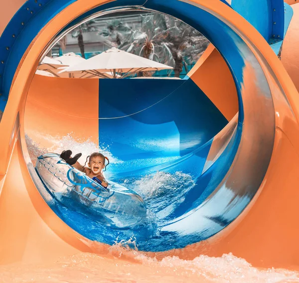 Little Daughter Having Fun Aqua Park — Stock Photo, Image