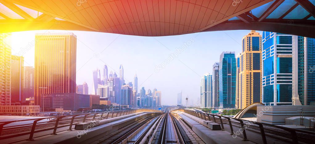 General view of Dubai Marina. Line of the city skyline.