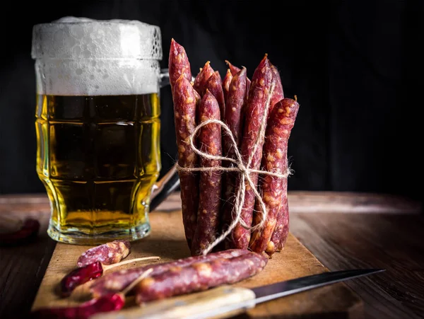 Thin Uncooked Smoked Pork Beef Sausages Delicatessen Meat — Stock Photo, Image
