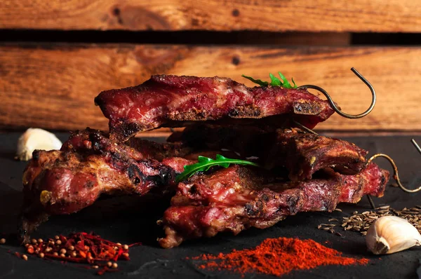 Deliciosas Jugosas Costillas Cerdo Ahumadas Delicatessen Carne —  Fotos de Stock