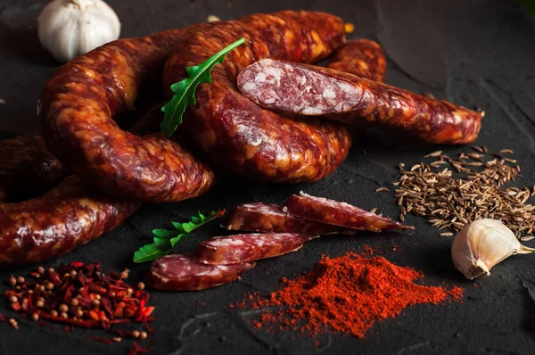 Minces Saucisses Porc Fumé Bœuf Non Cuites Viande Charcuterie — Photo