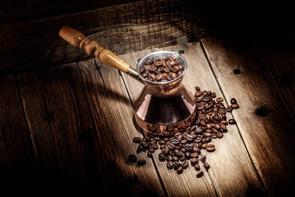 Coffee Beans Copper Coffee Turk Wooden Background — Stock Photo, Image
