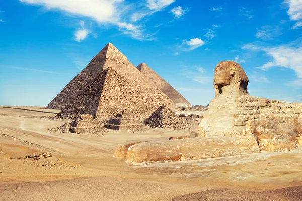 Egypten Kairo Giza Allmän Översikt Över Pyramiderna Med Sphinx — Stockfoto