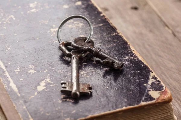 Zwei Alte Rostige Schlüssel Auf Antiken Buch — Stockfoto