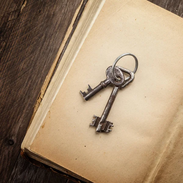 古董书上的两个老生锈的钥匙 — 图库照片