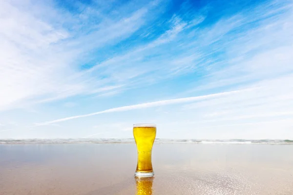 Vaso Cerveza Sobre Pintoresco Fondo Marino — Foto de Stock