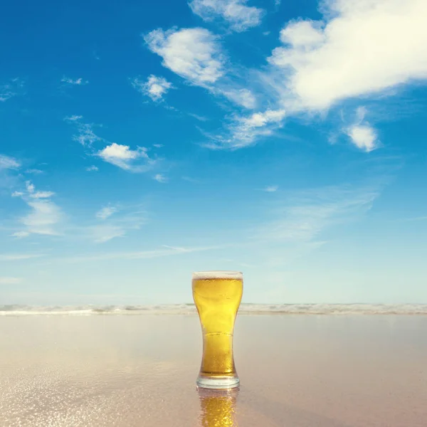 Glass Beer Picturesque Sea Background Stock Photo