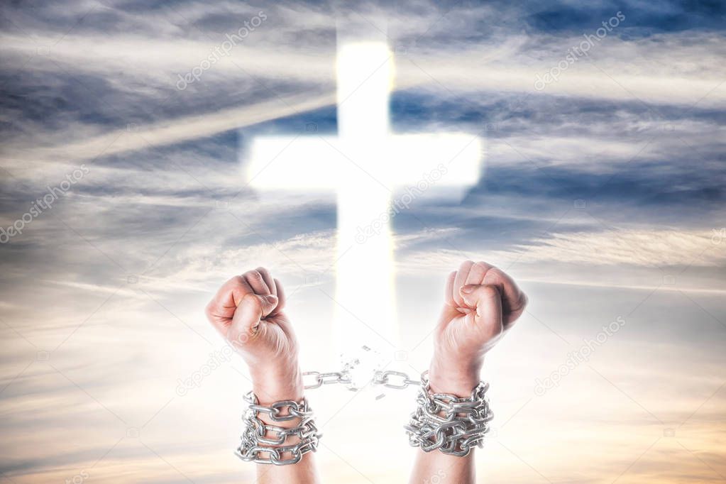 Two hands in chains on a white background
